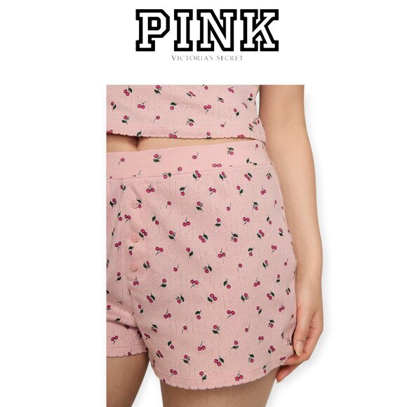 Victoria's Secret Pink Cherry Print Pointelle 100% Cotton Boxer Shorts XS NWT - Picture 1 of 16